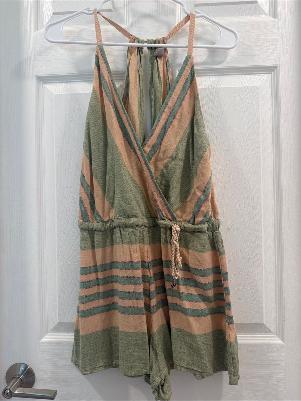Ecote Striped Halter Romper in Sage Green and Peach